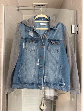 Denim Jacket with Gray Removable Hoodie Sleeves - Blue & Gray